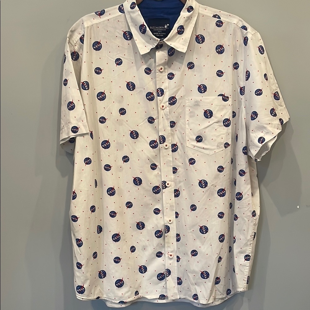 NASA buzz aldrin brand men’s  White and Blue Casual Button Down Shirt